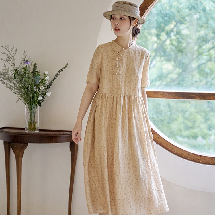 山自在 提花天丝亚麻连衣裙 改良旗袍长裙子新中式国风裙子a0603