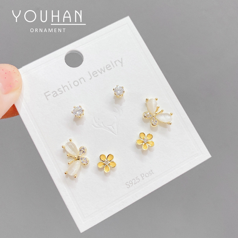 Japan and South Korea Sterling Silver Needle One Card Multi-Pair Earrings Three Pairs Finely Inlaid Stud Earrings Women's Real Gold Plating Slimming Earrings Wholesale