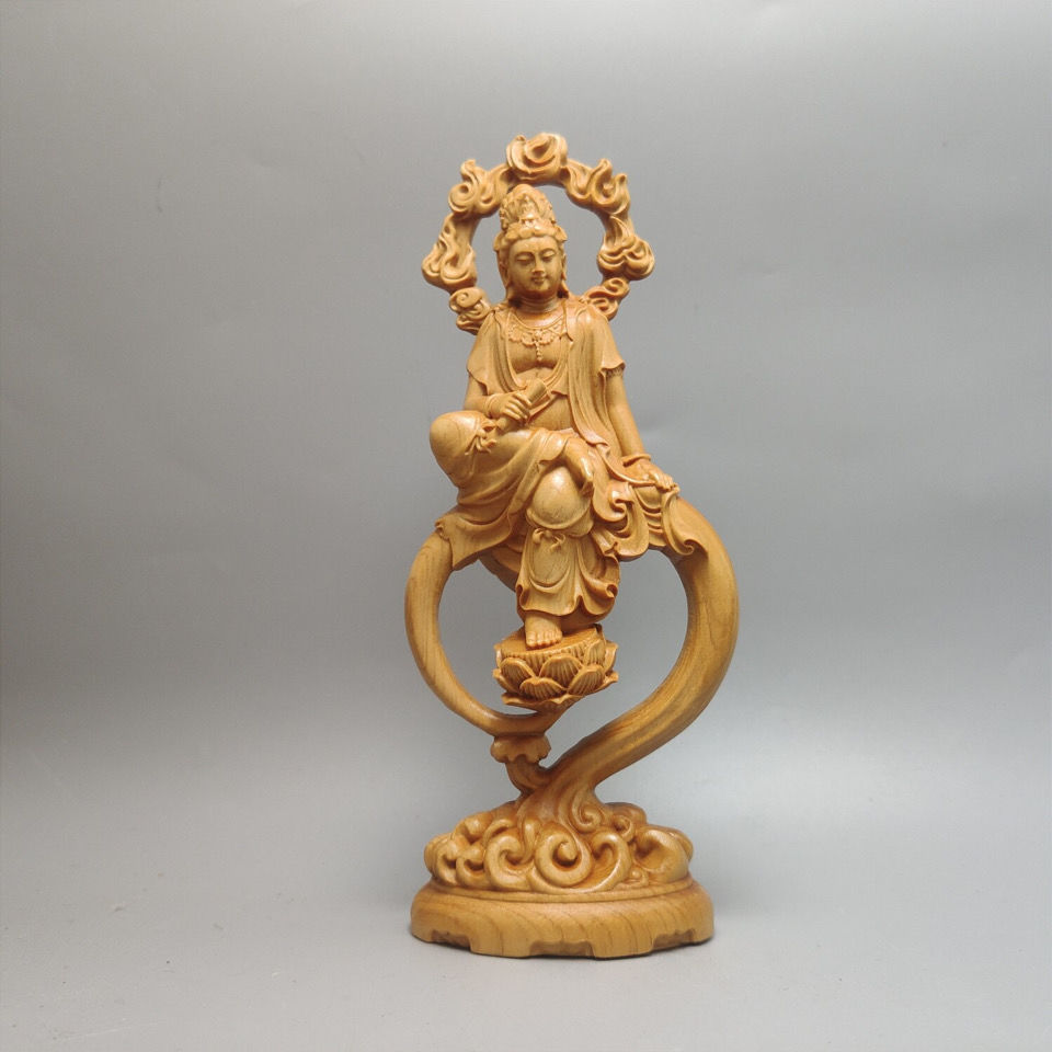 崖柏木雕水月自在观音菩萨佛像家用供奉摆件实木工艺品客厅摆件