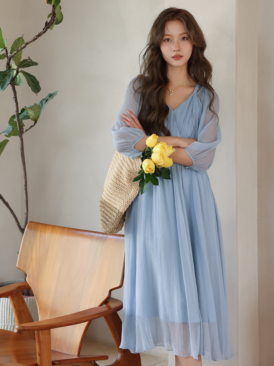 Rongtai Moonlight Love Letter Romantic Fairy Silk Mulberry Silk Dress Women's Mid-Length Vacation Beach Dress