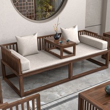 新中式罗汉床实木简约禅意老榆木推拉床沙发榻伸缩小户型客厅家具