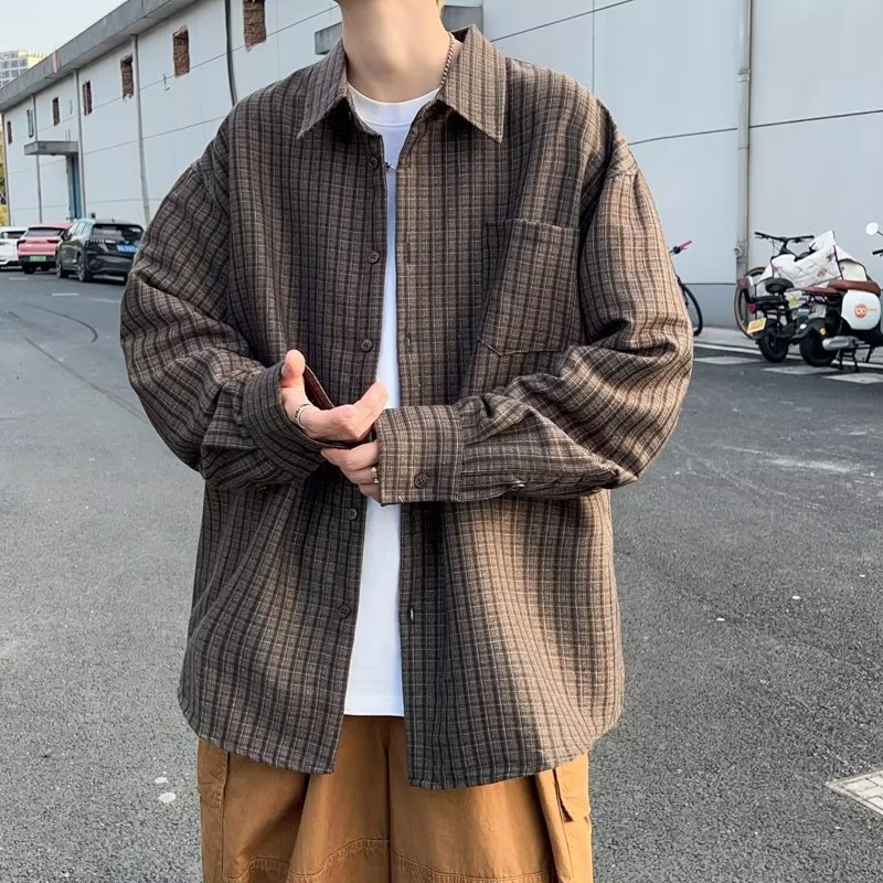 23磨毛格子衬衫外套春秋长袖韩版潮流宽松慵懒风男生复古外穿衬衣