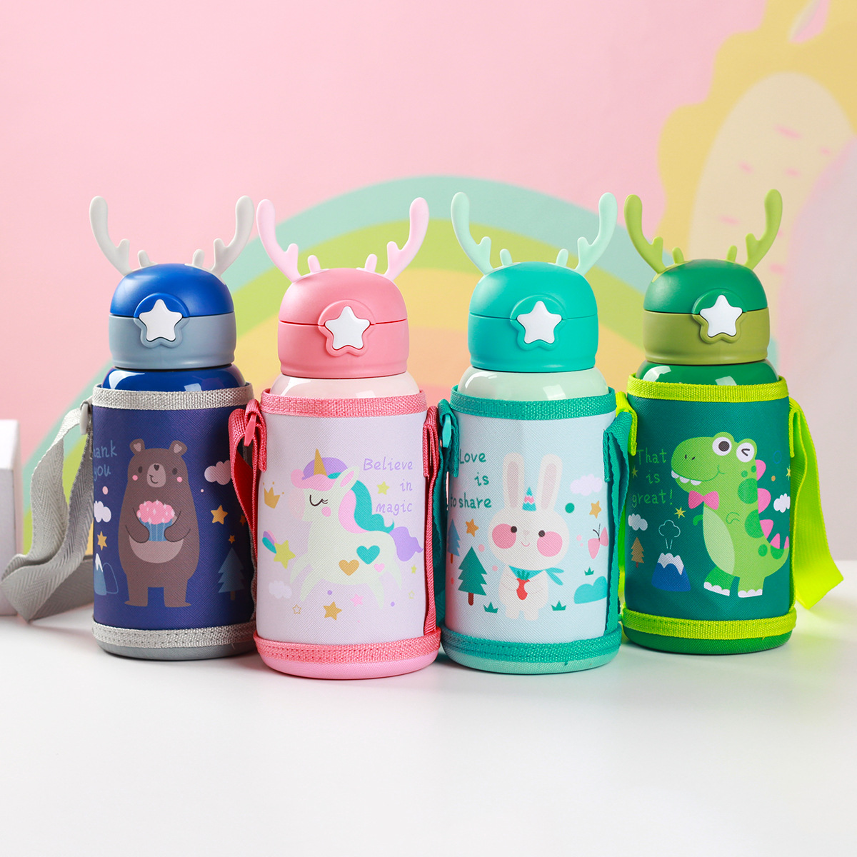 新款儿童保温杯带吸管 304不锈钢学生双盖两用便携卡通水壶水杯
