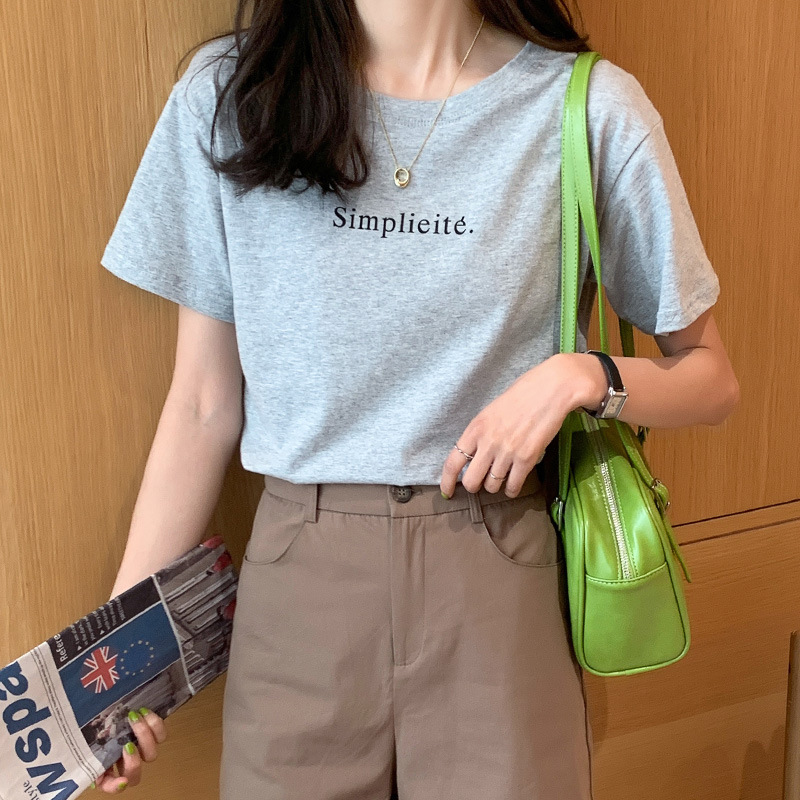 Internet Celebrity Minimalist Short-Sleeved T-shirt Women's Cotton Printed Blouse 2023 New Summer Wide Pine T-shirt Ins Fashion