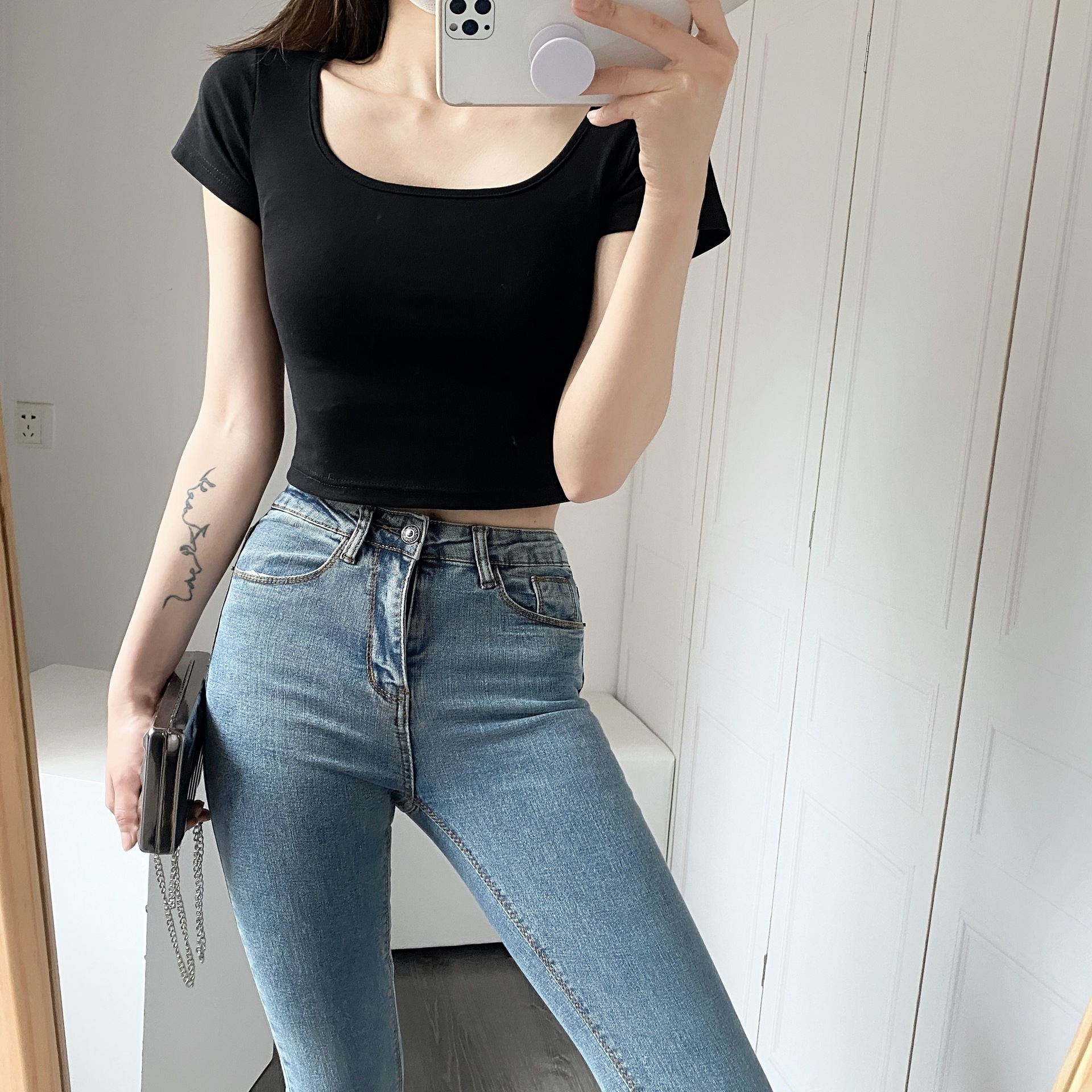 锁骨短袖修身方领u型t恤女百搭短款性感上衣2021年新款春夏打底衫