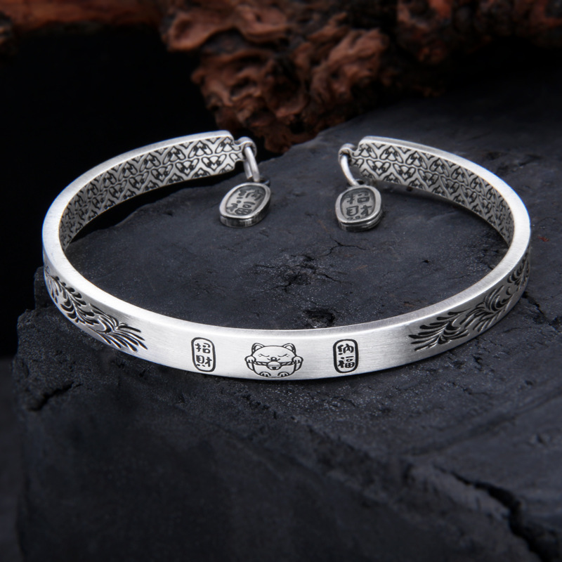招财进宝s999足银纳福招财猫手镯复古国风文艺实心开口手环送女友