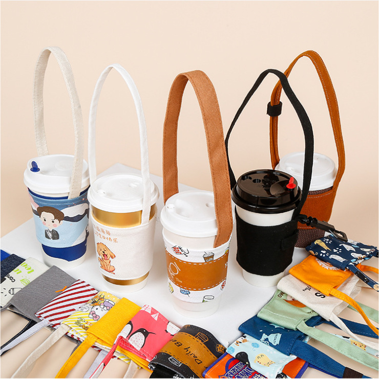 厂家批发奶茶杯套定制棉布手提隔热饮料咖啡打包袋便携帆布杯套