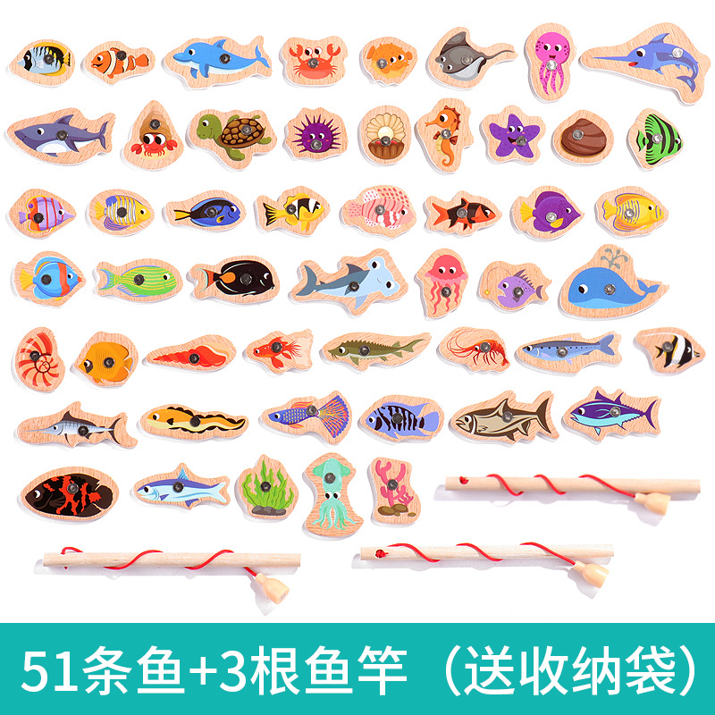 Wooden Barrel Marine Fishing Toys Children's Early Education Educational Cognitive Fun Magnetic Marine Fish Parent-Child Game