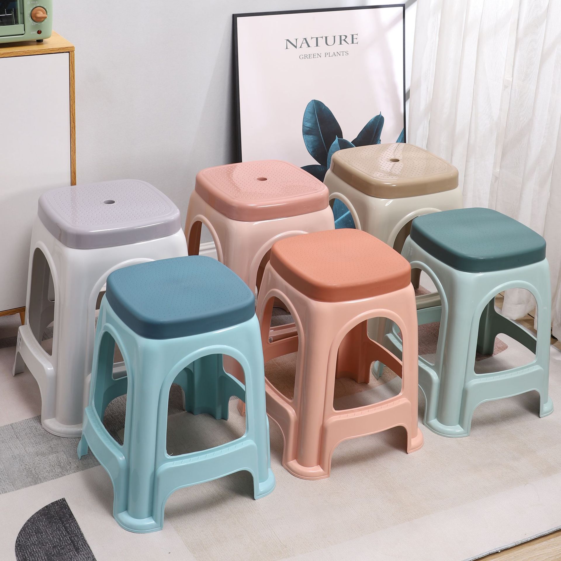 加厚北欧塑料凳子双色家用板凳客厅简约高凳子办公室塑胶方凳批发