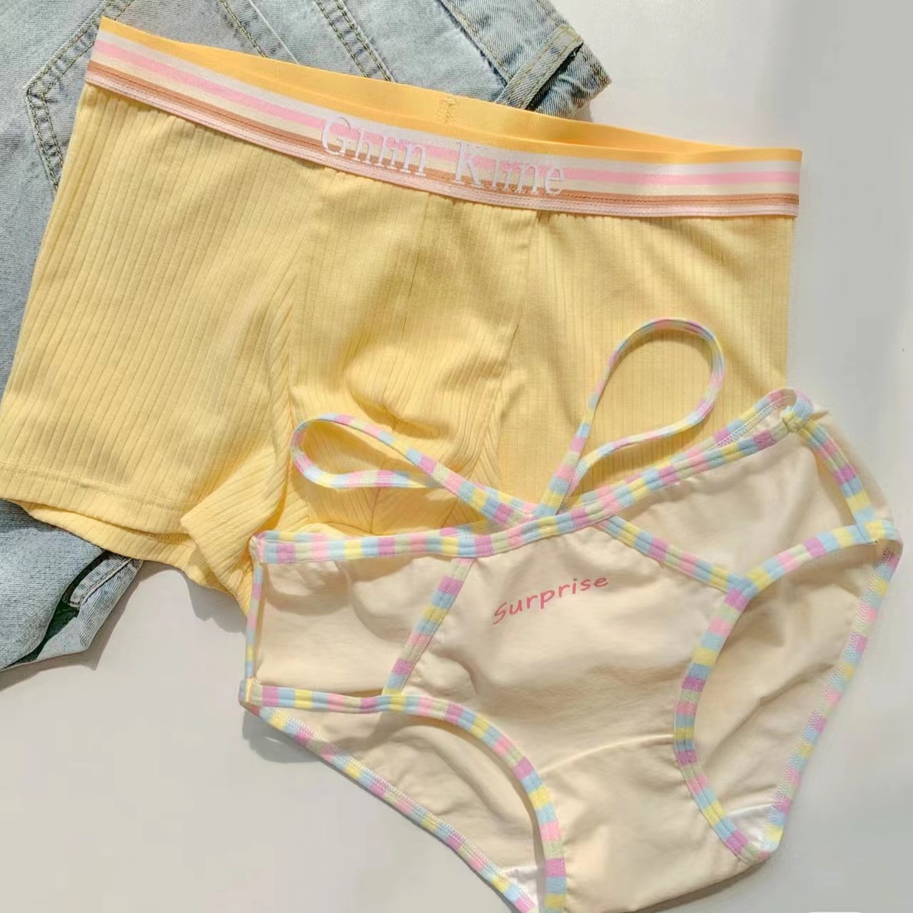 多巴胺穿搭情侣内裤一男一女夏季新款潮流纯欲撞色彩虹条纹情侣款