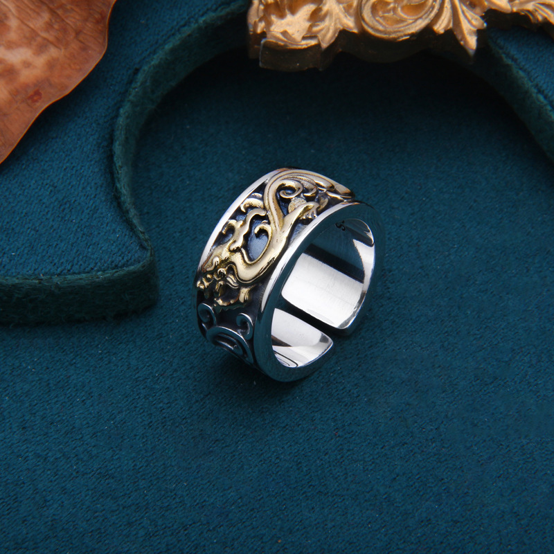 s925纯银唐草龙纹戒指男士复古龙图腾国潮百搭霸气开口可调节指环