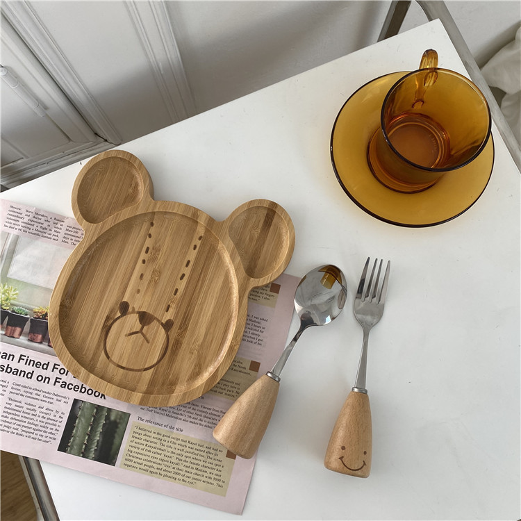 Bamboo Creative Dinner Plate Cute Little Bear Cartoon Fruit Plate Children's Dim Sum Plate Household for One Person Hotel Dinner Plate Ornaments