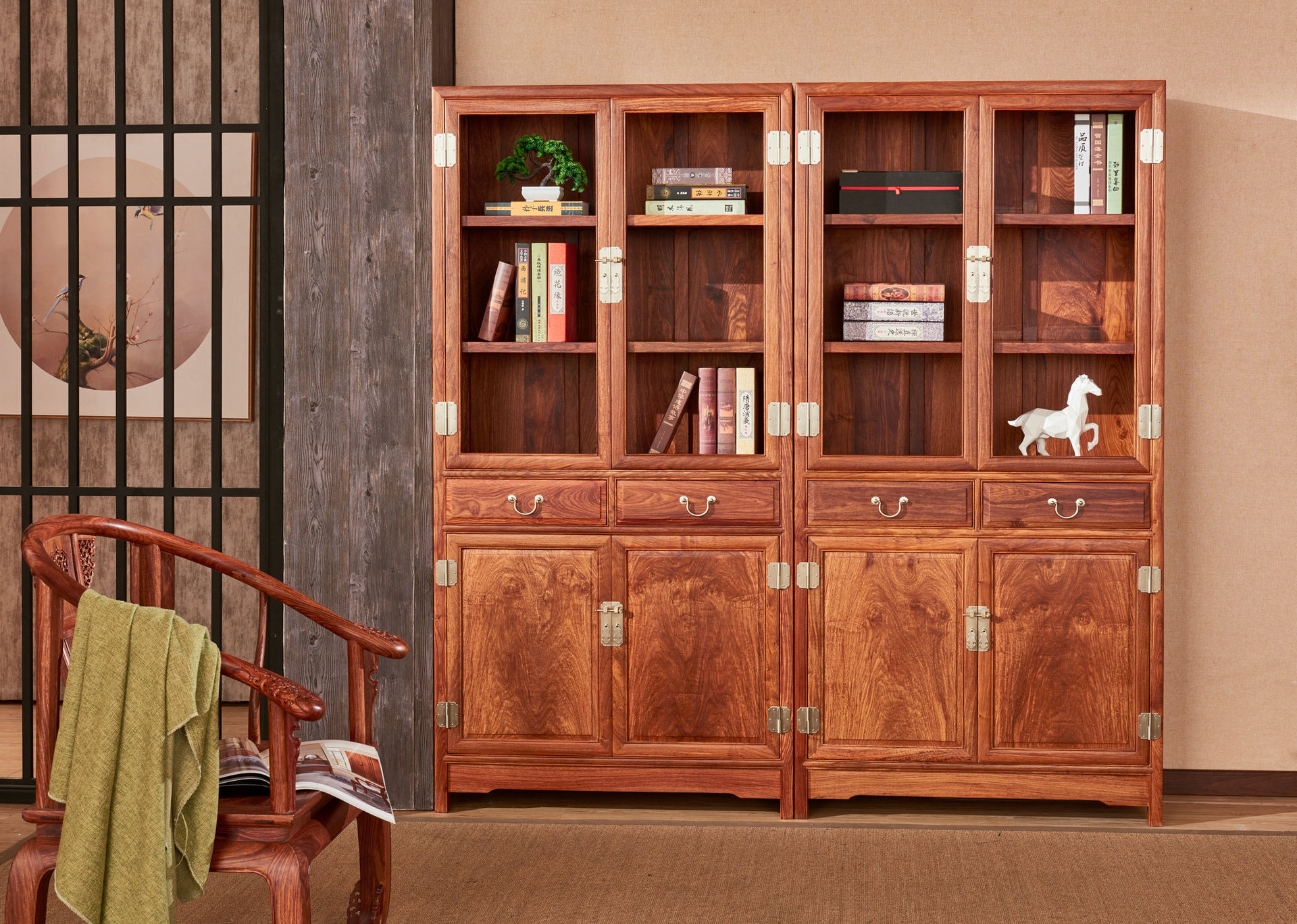 红木书柜花梨木刺猬紫檀办公家具素面雕花书柜组合实木书橱书架