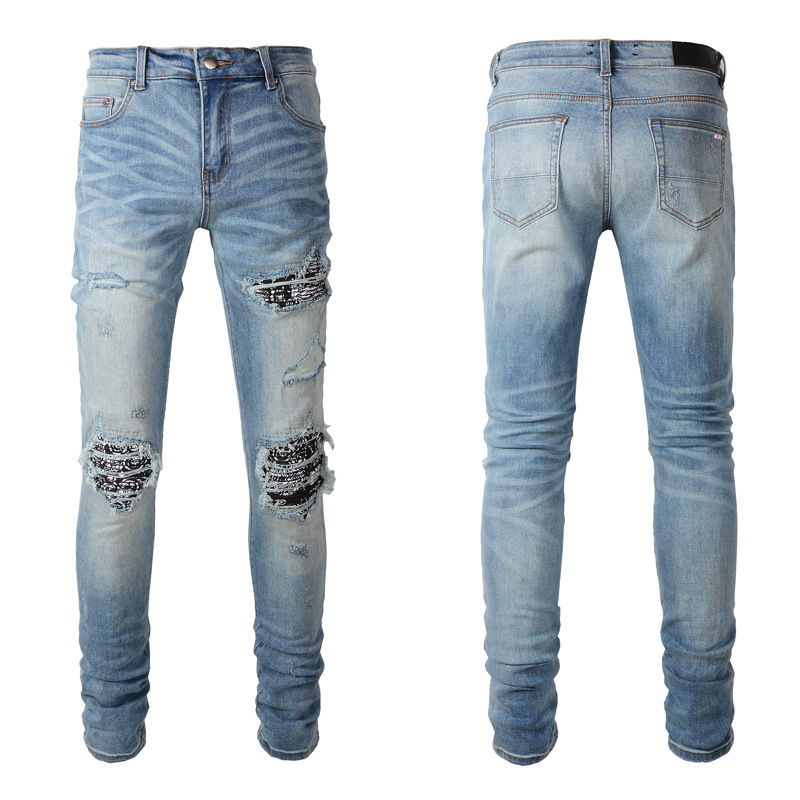 Foreign Trade Fashion Brand New Men's Washed Slim Feet Ripped Paisley Patch Light Blue Casual All-Matching Jeans