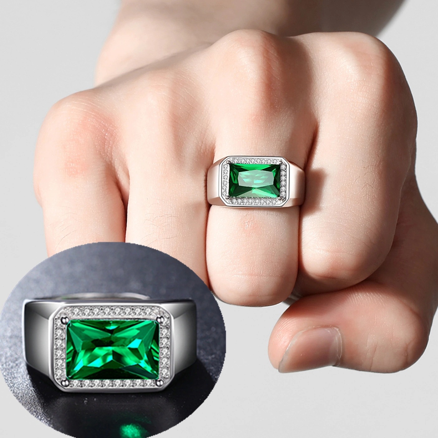 跨境电商wish现货男戒仿真方形绿碧玺祖母绿宝石彩宝戒指活口