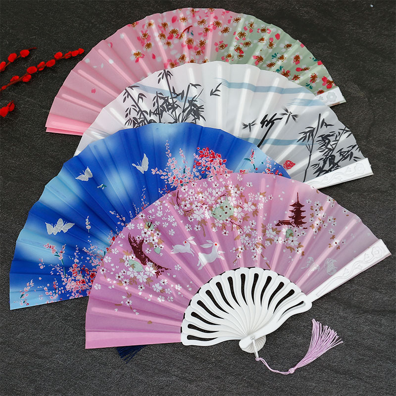 Female Antique Folding Fan Plastic Fan Chinese Style Fan 7-Inch with Tassel Opening and Closing Smooth Canteen Gifts Wholesale