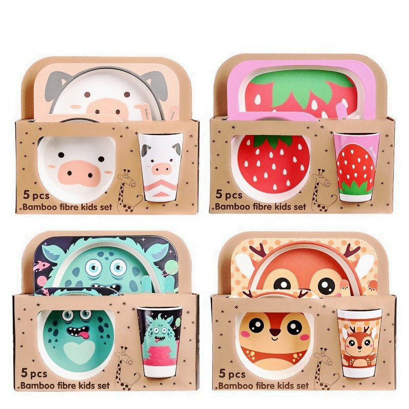 Bamboo Fiber Children‘s Tableware Set Creative Cartoon Bowl Grid Plate Spoon Fork Cup Five-Piece Gift Tableware