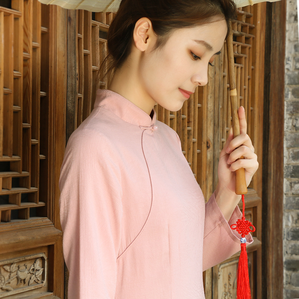 新中式茶服女改良旗袍裙春季棉麻奥黛中国风复古长款茶艺师连衣裙