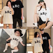 2022夏季新款简约字母ABC韩版亲子短袖棉T母子母女家庭亲子婴儿