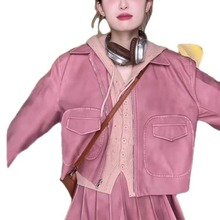 粉色甜酷辣妹pu皮衣机车服外套百褶短裙女秋季新款时尚两件套