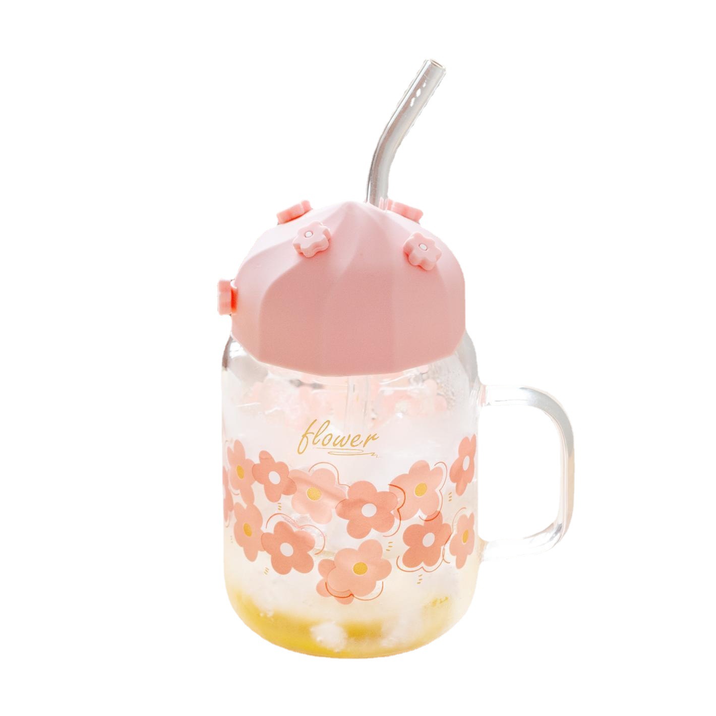 Cute Girl Cherry Blossom Glass with Silicone Cover Tape Straw Mug Good-looking Flower Cup Office Cup