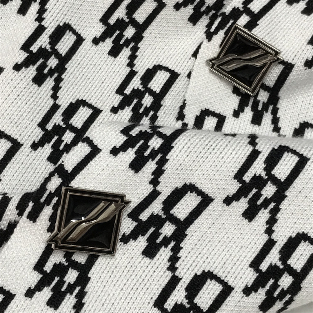 秋冬新款老花字母休闲阔腿裤女杨幂wd黑白花纹针织开衫毛衣外套