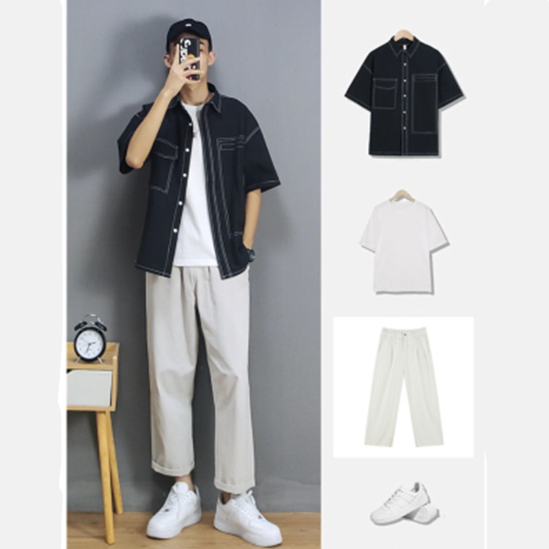 小红书潮男穿搭时尚套装ins2021夏季潮流百搭工装衬衫帅气外套男