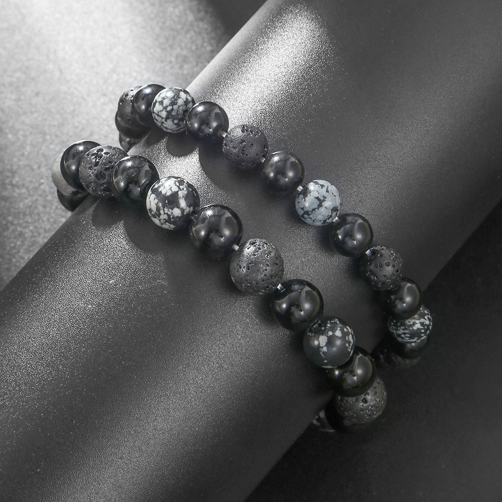 Popular Handmade Natural Volcanic Rock Snowflake Stone Beads Bracelet Men's Retro 10/8mm Elastic Beads Couple Bracelet