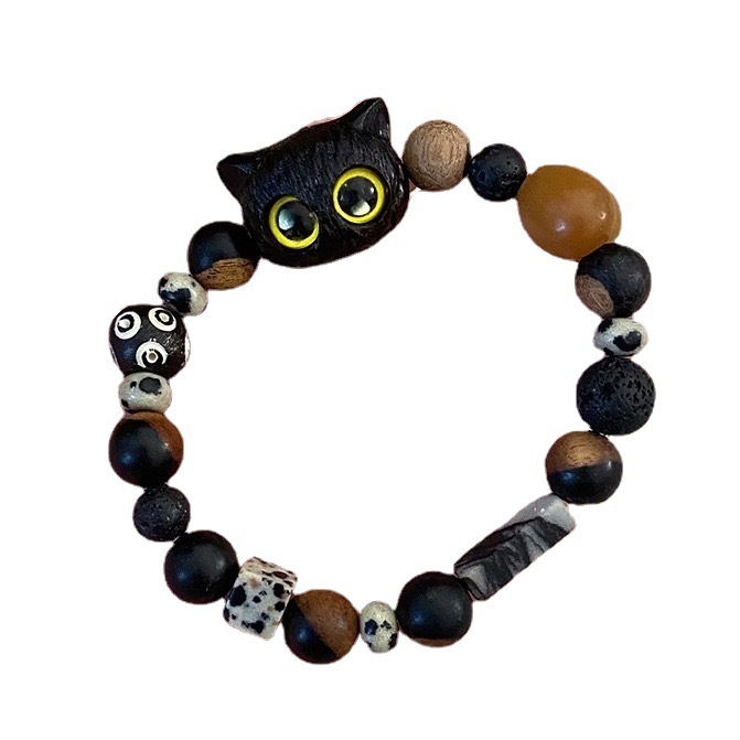 Tiktok Same Cute Cat Bracelet Fashion Handmade Beaded Bracelet Bodhi Cheese Cheese Wooden Couple Bracelet