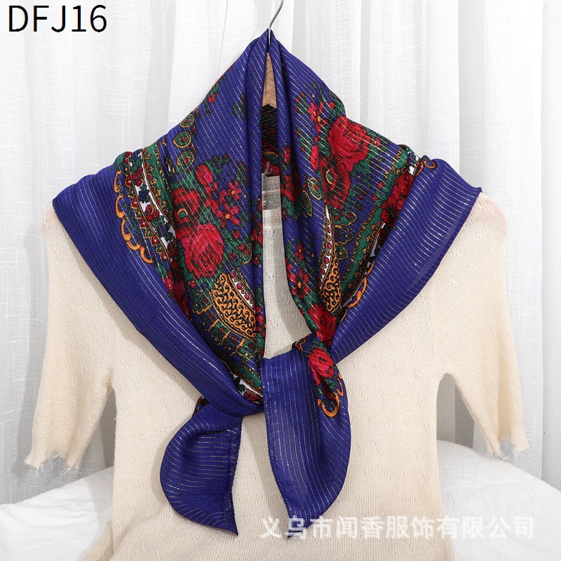 New Gold Thread Ethnic Style 85cm Square Scarf Closed Toe Sun Protection Scarf for Middle-Aged and Elderly Women Working Scarf Scarf