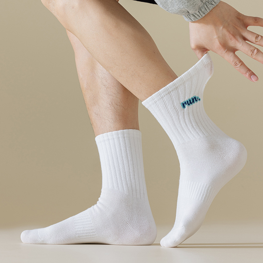 New Autumn and Winter Long Sports Cotton Socks White Embroidery Tube Socks Breathable and Simple Style Cotton Socks Cross-Border Supply