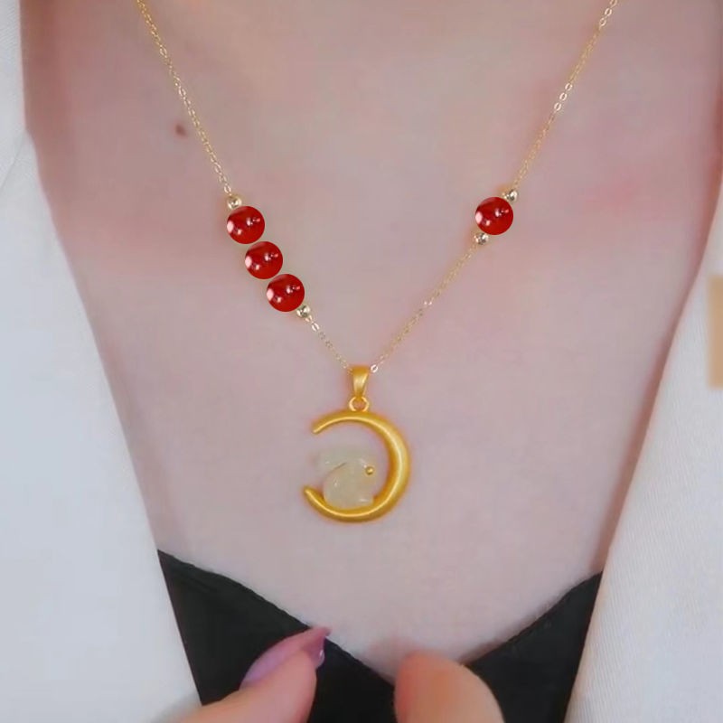 Tiktok Same Style Red Agate Cross Chain Women's Fairy Curling Golden Moon Rabbit Zodiac Jade Hare Look