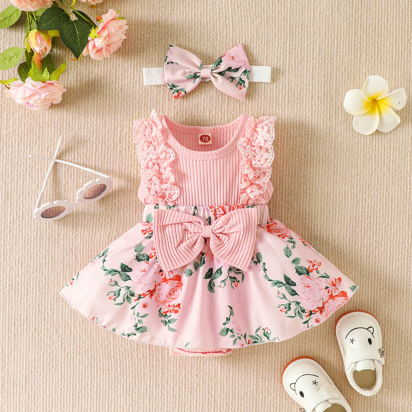 Amazon European and American Summer Infant Children's Suit Pit Lace Stitching Flowers Full Printed One-Piece Romper in Stock Baby Clothes