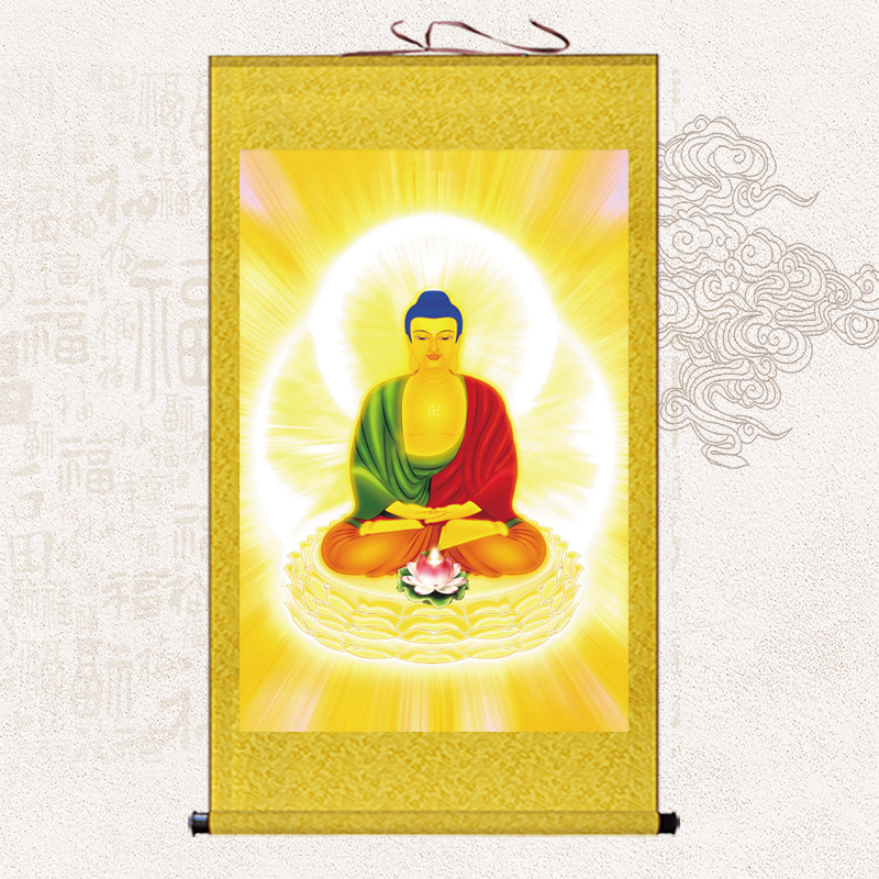 高清释迦牟尼佛挂画家用供奉如来佛祖卷轴画释迦摩尼佛前点灯佛像