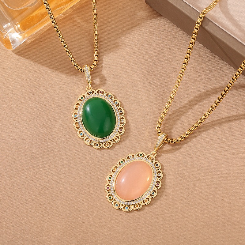 外贸款长款毛衣链碧玉项链女工艺镶嵌锆石宫廷风粉玉吊坠旗袍配饰