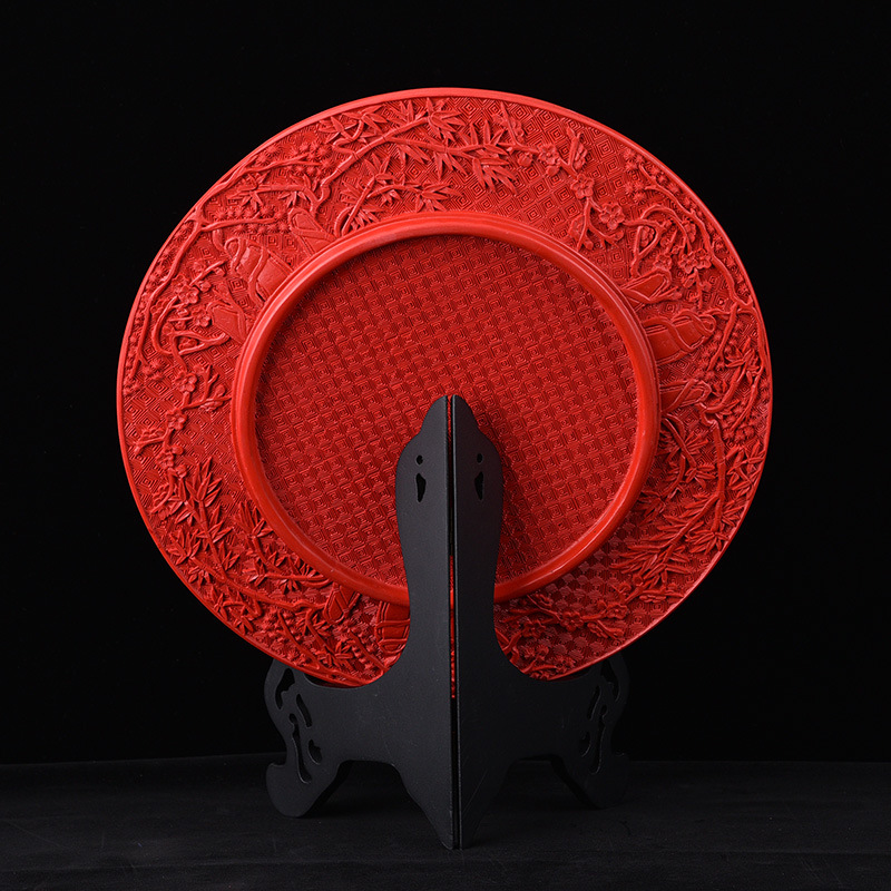 扬州漆器中国风龙凤呈祥红盘子家居摆件剔红雕漆喜庆新娘结婚礼物