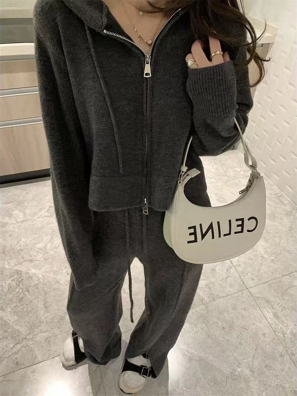 2024 new zipper hooded sweater two-piece spring and autumn casual fashionable with side-slit knitted wide-leg pants suit for women