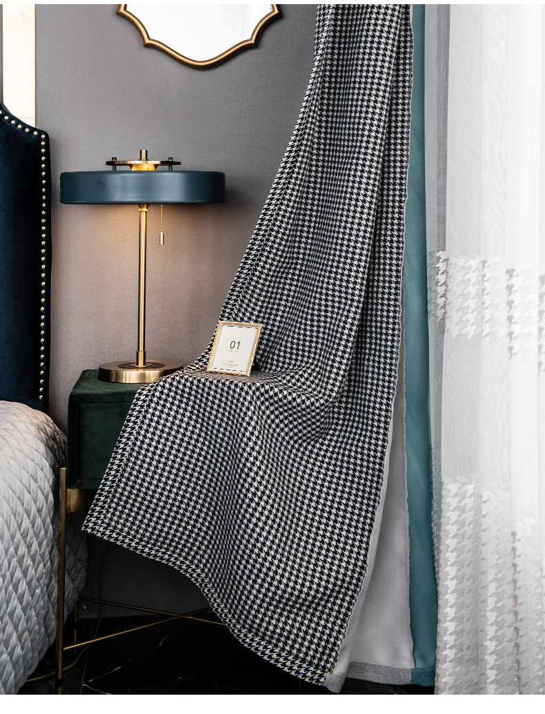 产地货源北欧风加厚棉麻拼接千鸟格窗帘 定制客厅卧室窗帘成品