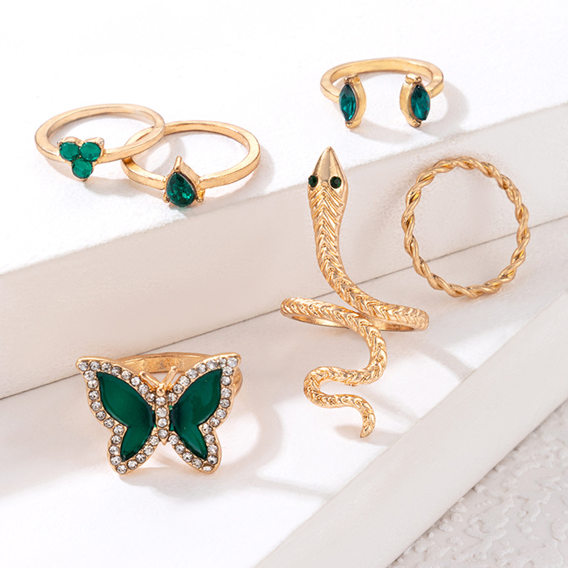 European and American Entry Lux Ornament Green Butterfly Diamond Snake Ring Six-Piece Water Drop Imitation Emerald Ring Set