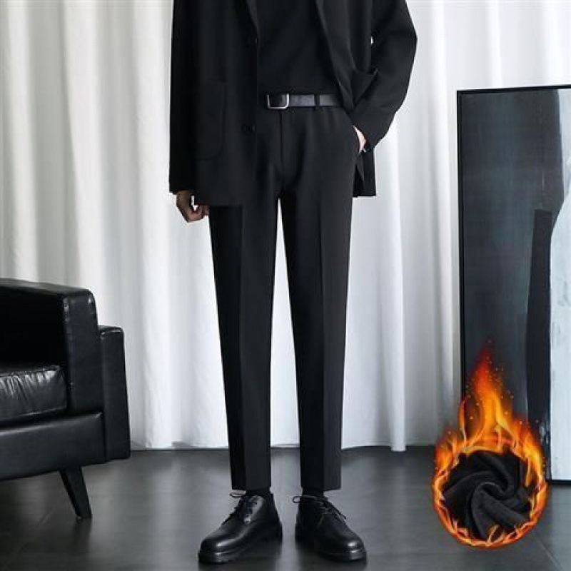 Black plus Velvet Small Suit Pants Men's Autumn and Winter Ankle-Length Slim-Fit Straight Casual Pants Men's Advanced Draped Suit Pants