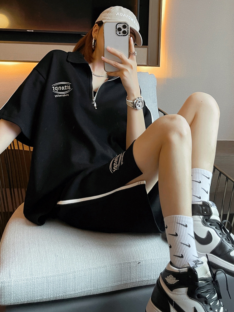 美式高街黑色运动套装女学生夏季新款宽松大码短袖短裤跑步两件套