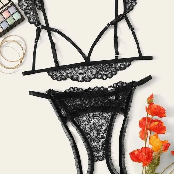 情趣内衣女外贸跨境蕾丝性感透视三点式诱惑分体套装批发代发1512