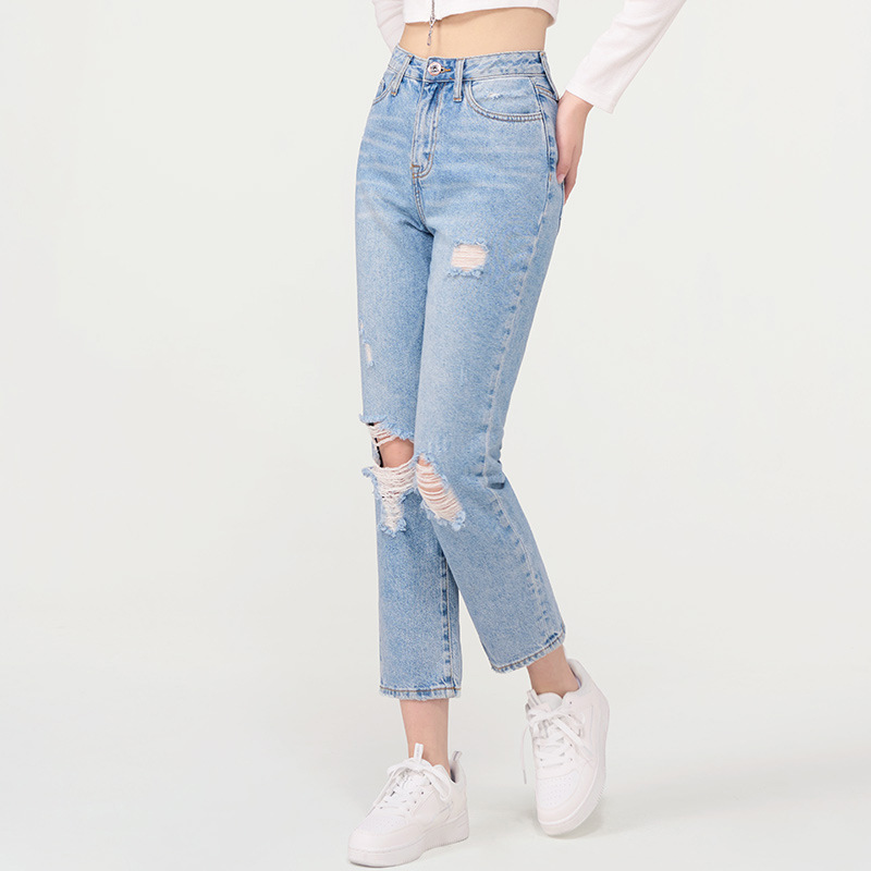   Women's Ripped Straight Jeans Spring and Summer Wear Wear Slimming High Slightly Pull Straight-eg Pants Mid Waist All-Match Ripped