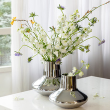 北欧简约电镀银色玻璃花器现代轻奢客厅插花瓶不锈钢高级装饰浩林