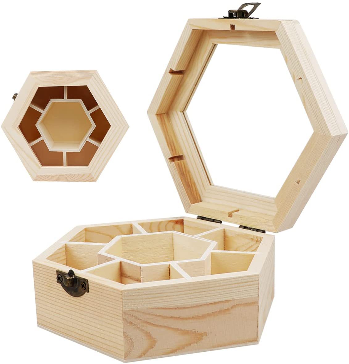 批发木质六边形多宫格收纳盒礼品盒亚克力翻盖包装盒六角形木盒