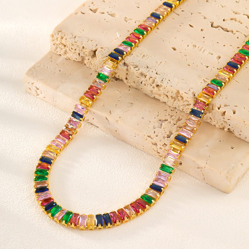 跨境百搭高级感七彩方形复古闪钻锆石项链女气质个性青岛外贸饰品