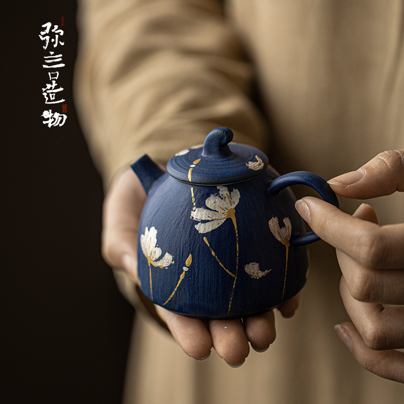 弥言克莱因蓝手工粗陶粉引茶壶家用泡茶壶单壶带过滤金银手绘茶壶