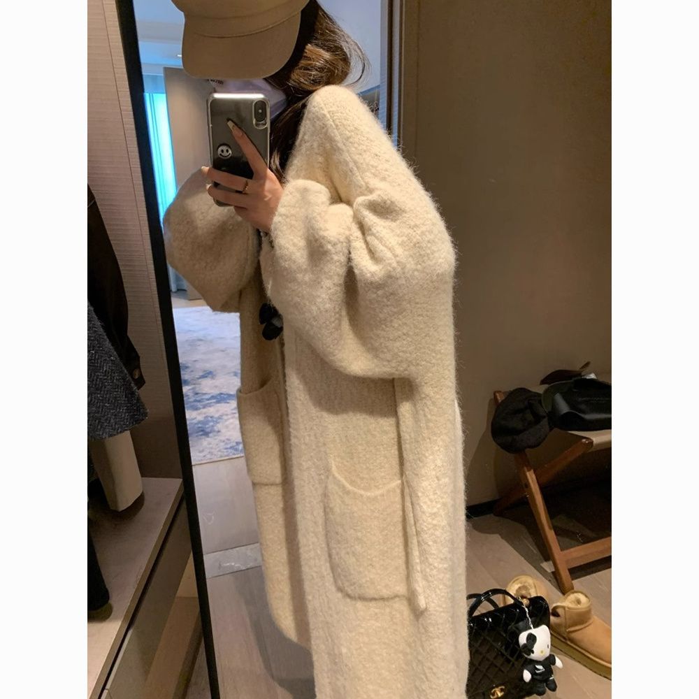 韩系软糯感慵懒风中长款针织开衫女秋冬加厚宽松毛衣外套大衣