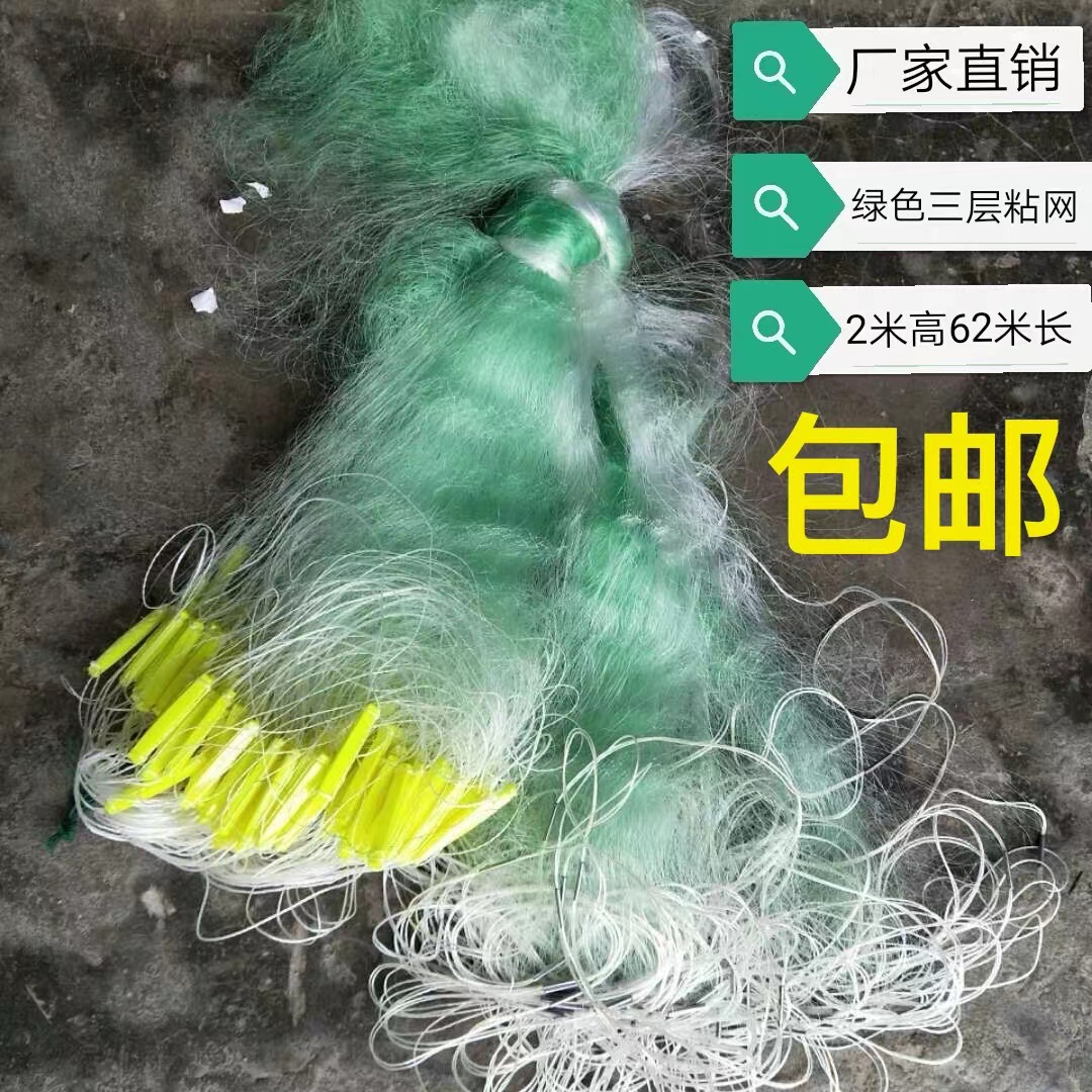 绿色三层粘网62米长2米高渔网捉鱼网挂网丝网拉网河鱼网沉网包邮