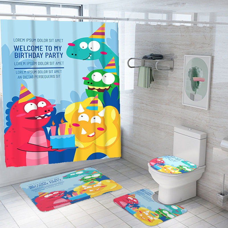 Factory Wholesale Polyester Digital Printing Shower Curtain Floor Mat Four-Piece Toilet Three-Piece Children Cartoon Dinosaur